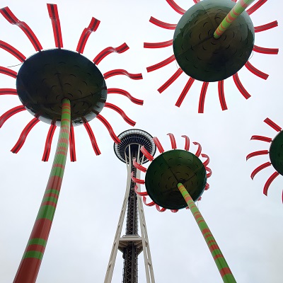 Space Needle and red sculptures